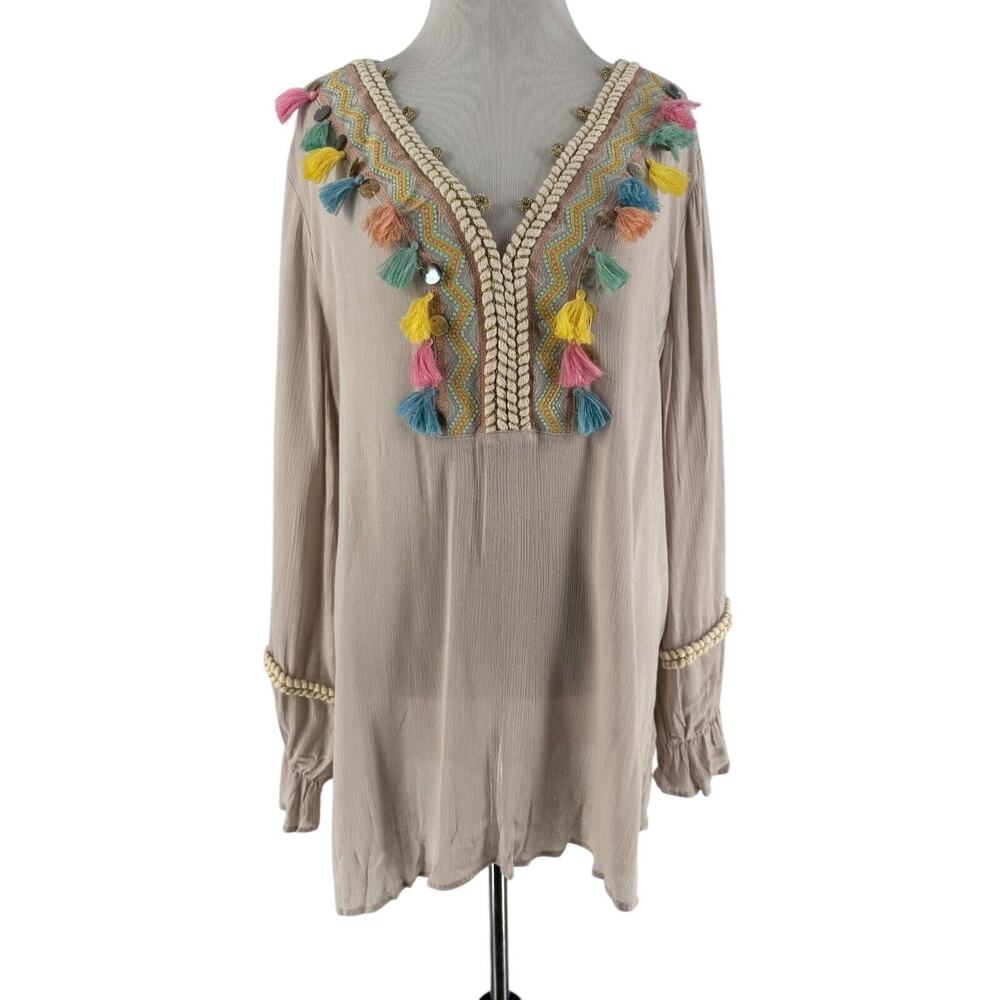 Soft Surroundings Ivory Clementine Embroidered Pom Pom Tassels V-Neck Blouse XL